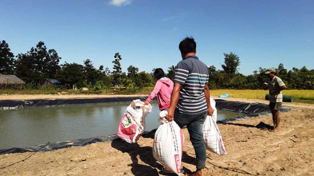 Menschen tragen Säcke am Rand eines Fischteichs.