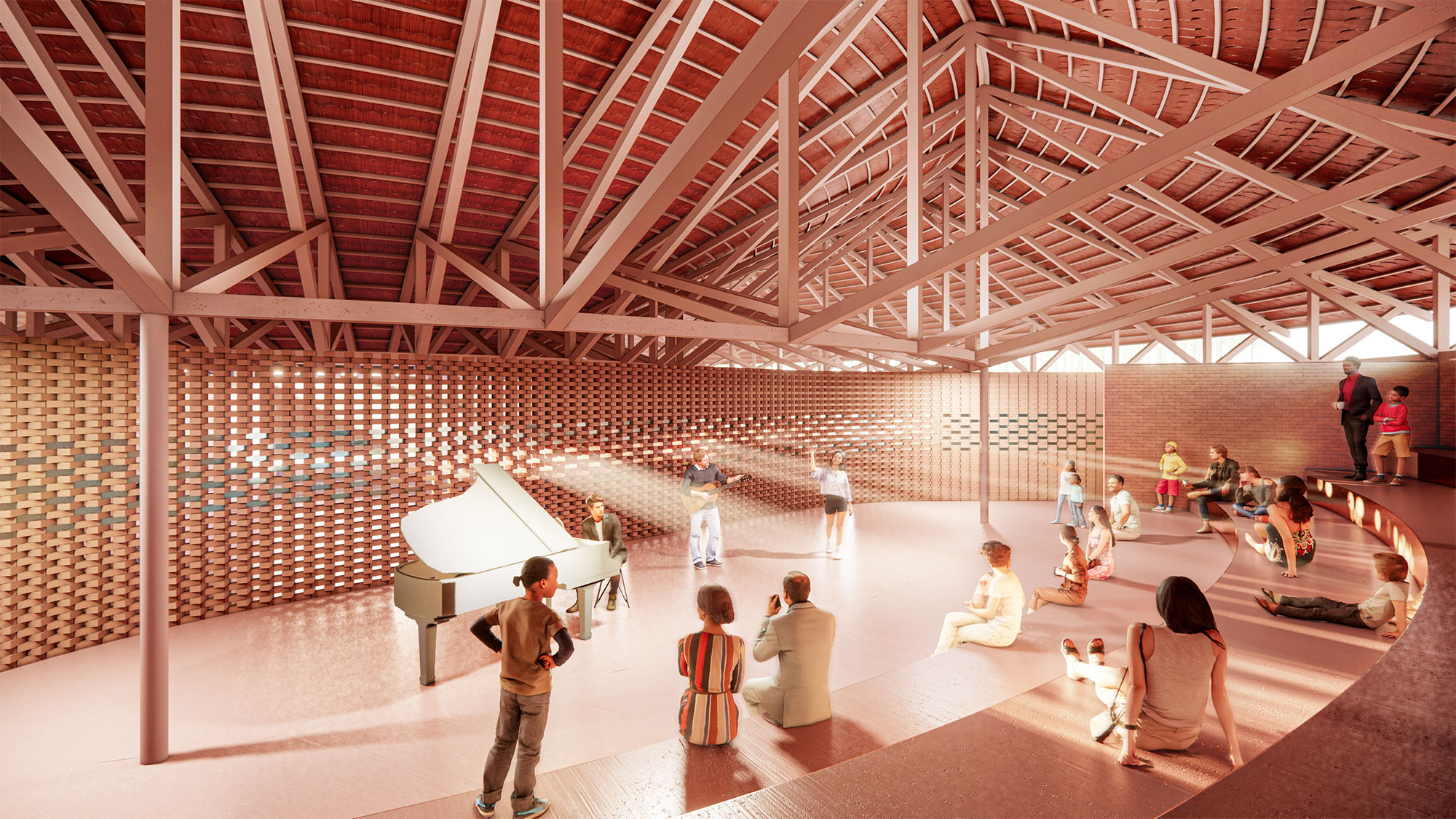 Visualisation architecturale du centre culturel avec un piano à queue et des gradins ouverts.