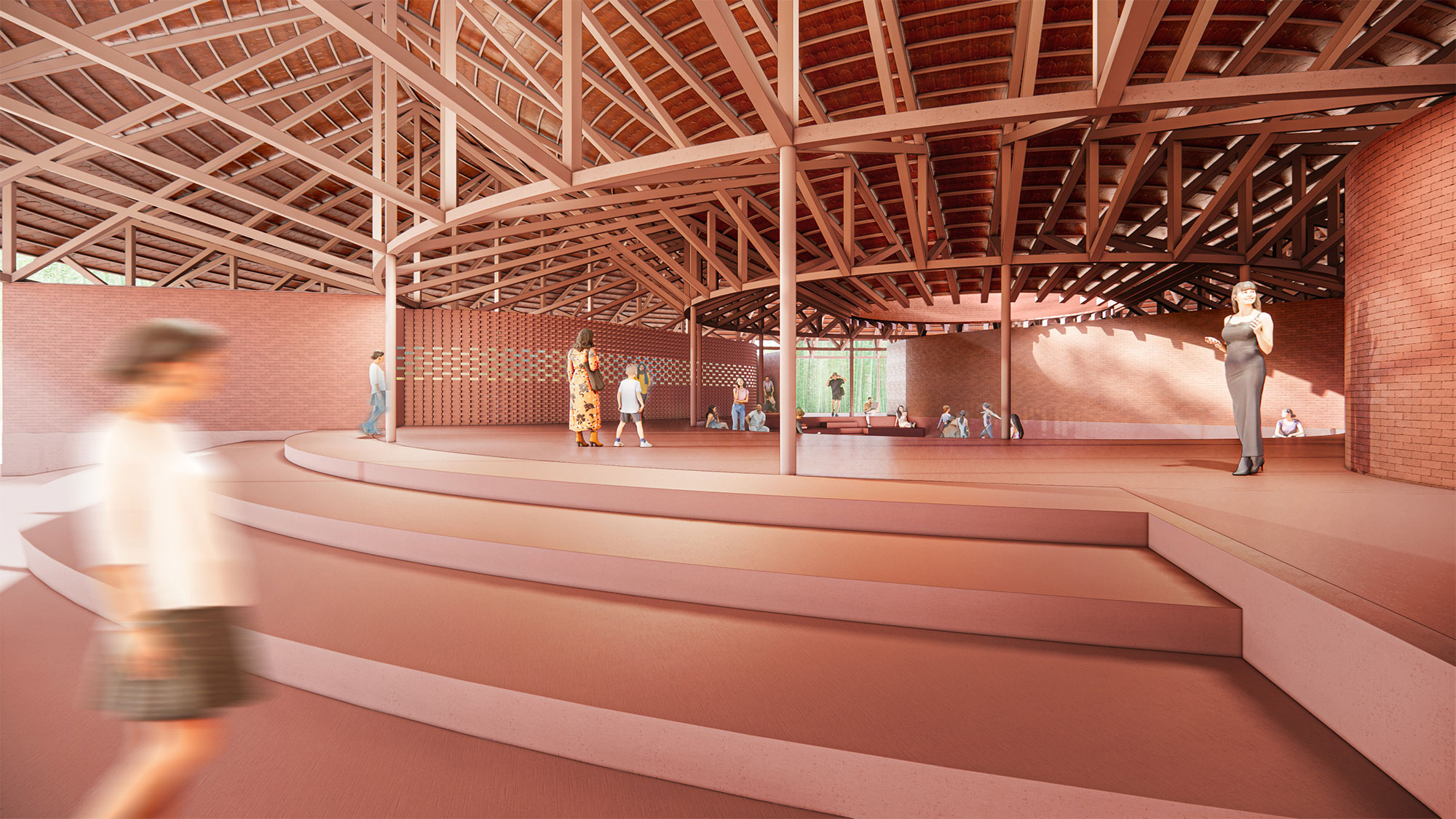 Visualisation architecturale de larges gradins sous une toiture en bois.