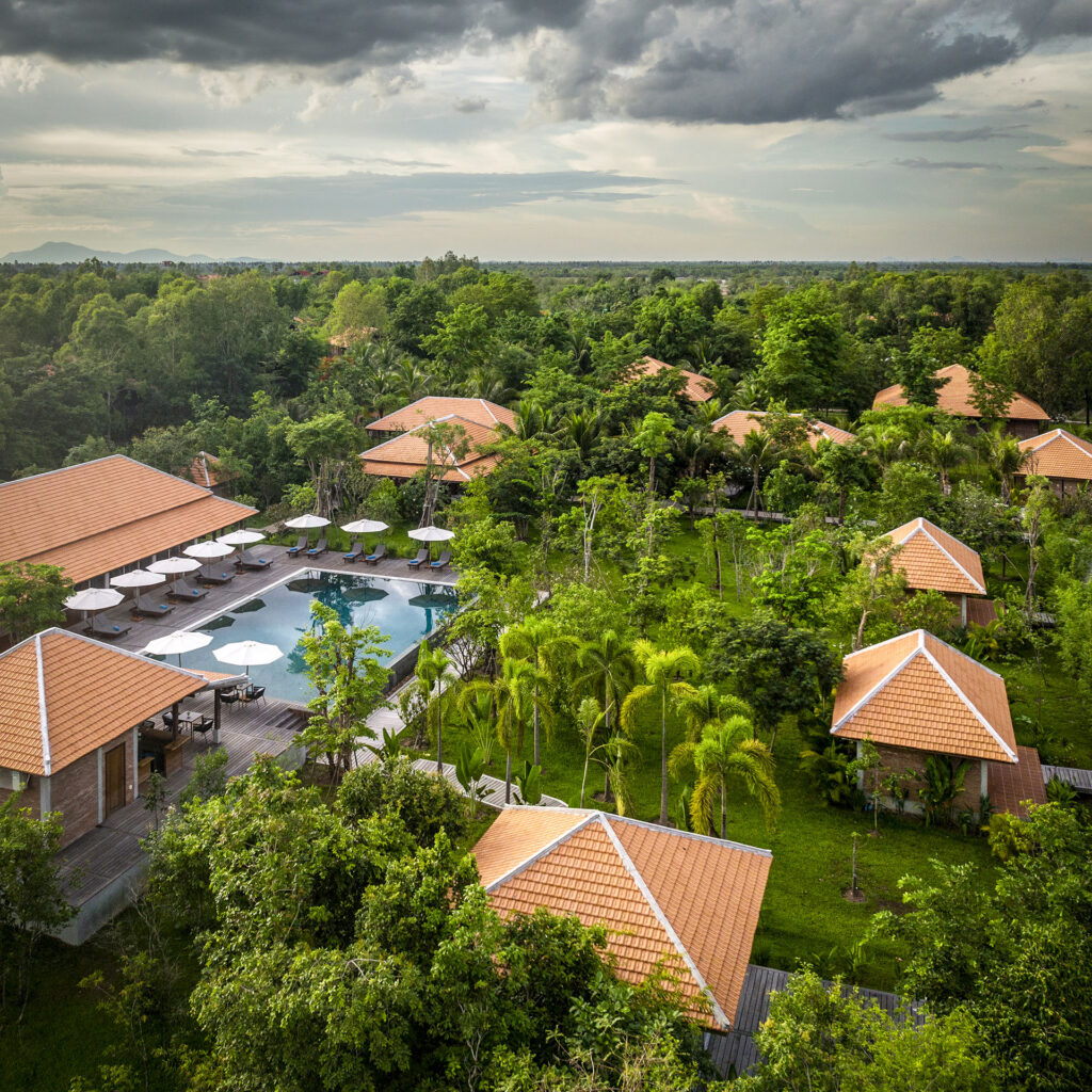 Aerial view of the Sanctuary Spa bungalows and pool.